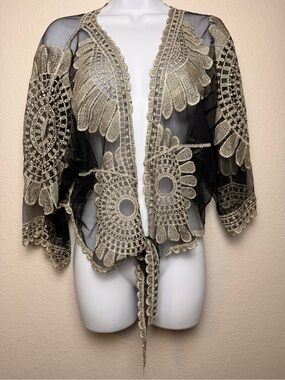 AMBER SKIES Black Sheer Crochet Lace Tie-Front Kimono with Gold Embroidery